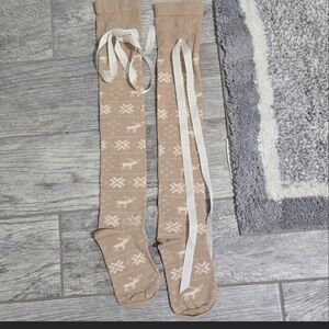 Tan Knee-High Socks with White Ribbon